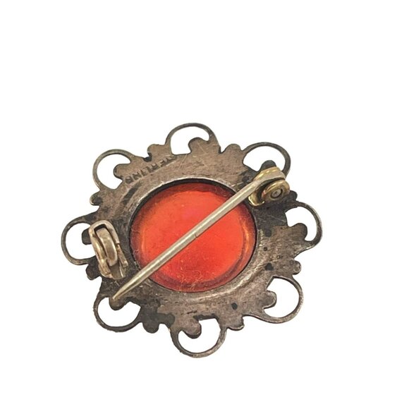 Dragons Breath Pin Brooch Antique Sterling Silver Scrollwork Round Cabochon Ston - Picture 5 of 7